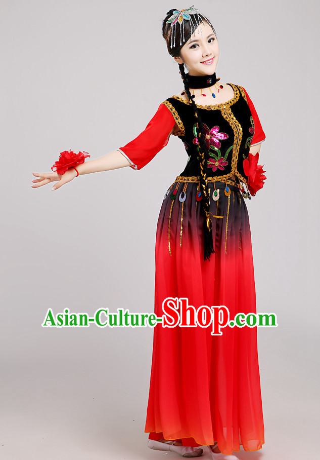 Chinese Folk Xinjiang Dance Costume and Hat Complete Set for Women