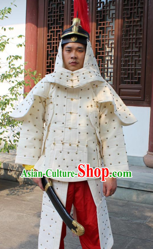 Chinese Qing Dynasty General White Armor Hanfu Dress Gown Costumes Ancient Costume Clothing Complete Set