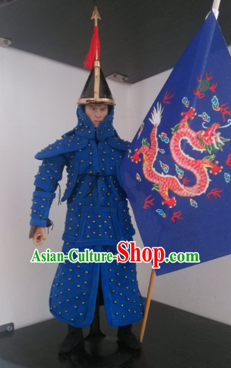 Blue Chinese Qing Dynasty General White Armor Hanfu Dress Gown Costumes Ancient Costume Clothing Complete Set