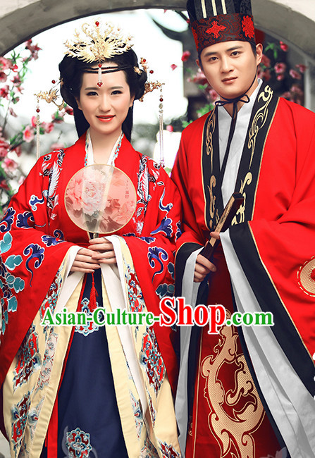 Ancient Chinese Princess and Bridegroom Wedding Dresses Traditional Royal Stage Hanfu Classical Dress National Costumes Clothing and Hair Jewelry Complete Set