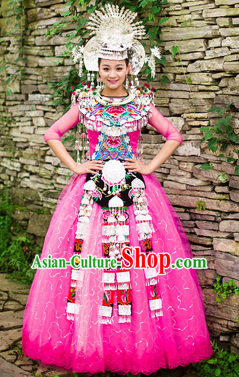 Pink Chinese Miao Princess Clothing Miao Clothes Minority Dresses Ethnic Costumes and Accessories Complete Set for Women