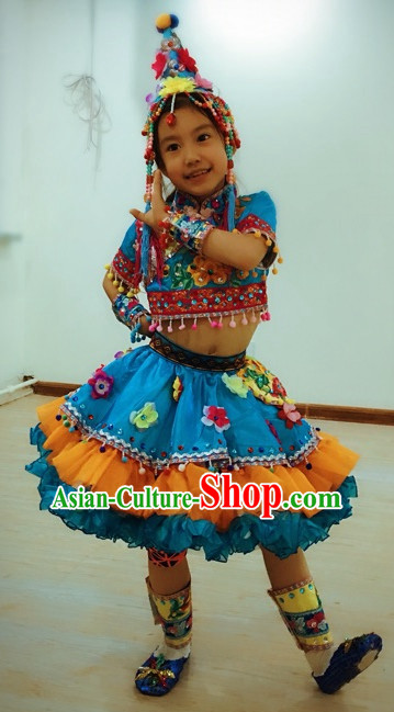 Chinese Stage Minority Dance Costume Dance Costumes Fan Dance Umbrella Ribbon Fans Dance Fan Water Sleeve Costume for Children Girls