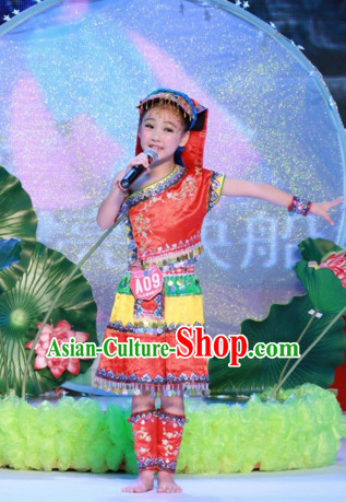 Chinese Stage Minority Dance Costume Dance Costumes Fan Dance Umbrella Ribbon Fans Dance Fan Water Sleeve Costume for Children Girls