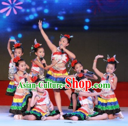 Chinese Stage Minority Dance Costume Dance Costumes Fan Dance Umbrella Ribbon Fans Dance Fan Water Sleeve Costume for Children Girls