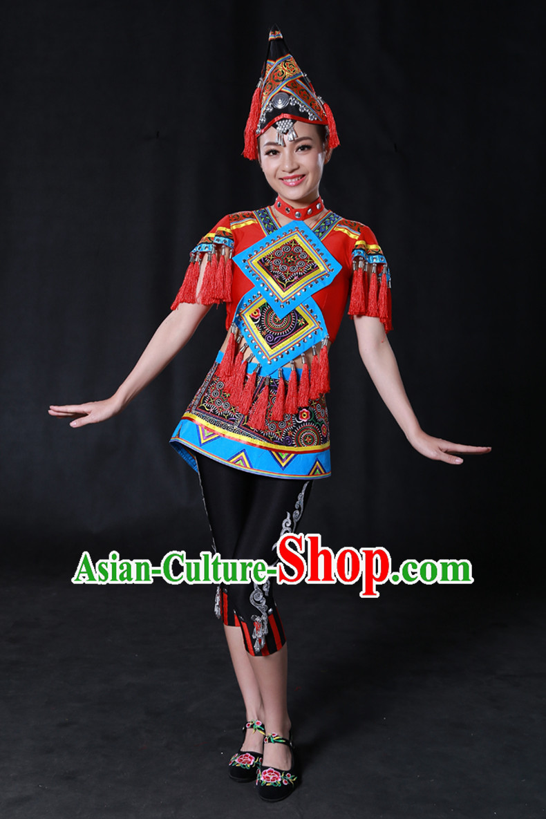 Chinese Yi Lao Miao Zhuang Bai Yao Minority Women Dresses Ethnic Clothing Minority Dance Costume Minority Dress Complete Set