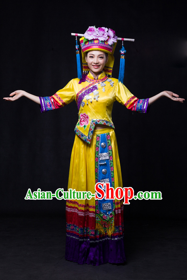 Chinese Yi Lao Miao Zhuang Minority Women Dresses Ethnic Clothing Minority Dance Costume Minority Dress Complete Set