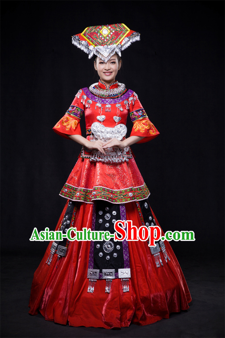 Chinese Yi Lao Miao Zhuang Bai Yao Minority Women Dresses Ethnic Clothing Minority Dance Costume Minority Dress Complete Set