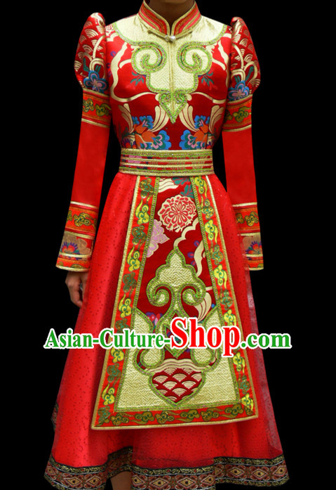 Red Mongolian Minority Empress Mongol Mongolia Princess Clothing Ethnic Traditional Costumes Complete Set