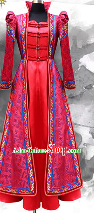 Red Mongolian Minority Empress Mongol Mongolia Princess Clothing Ethnic Traditional Costumes Complete Set