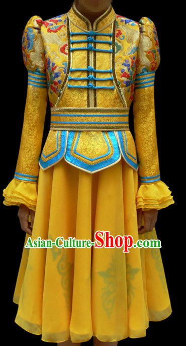 Yellow Mongolian Minority Empress Mongol Mongolia Princess Clothing Ethnic Traditional Costumes Complete Set