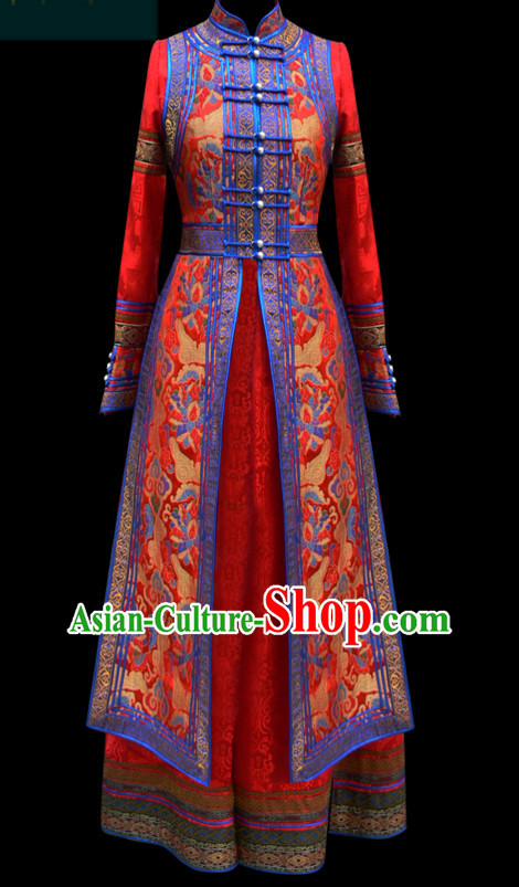 Red Mongolian Minority Empress Mongol Mongolia Princess Clothing Ethnic Traditional Costumes Complete Set