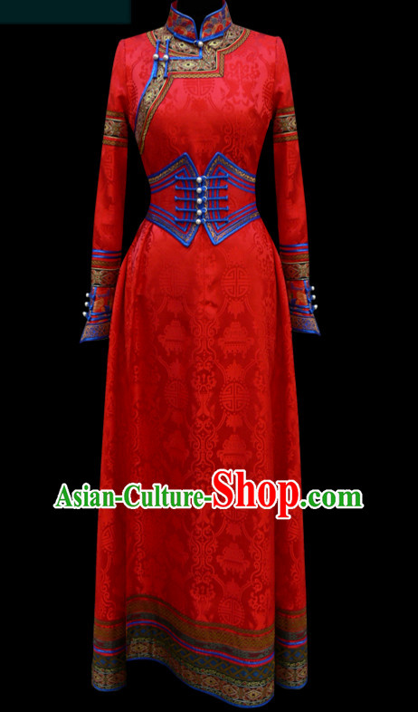 Red Mongolian Minority Empress Mongol Mongolia Princess Clothing Ethnic Traditional Costumes Complete Set