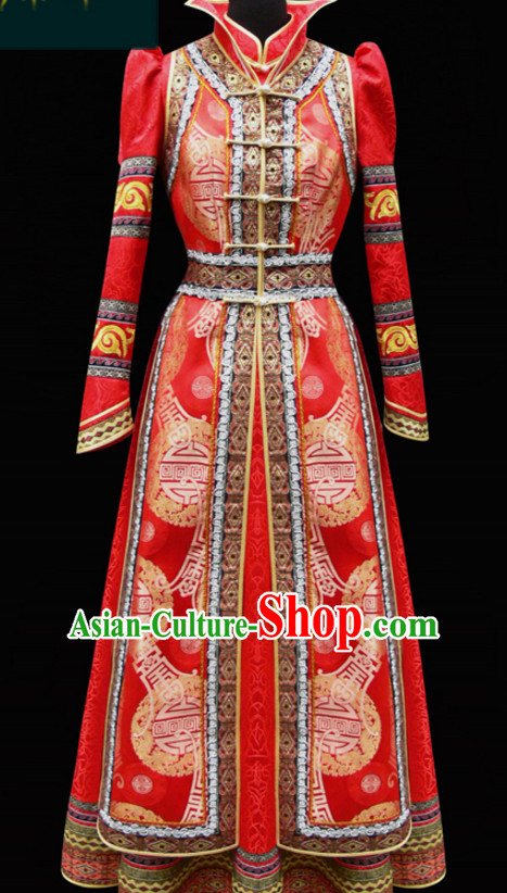 Red Mongolian Minority Empress Mongol Mongolia Princess Clothing Ethnic Traditional Costumes Complete Set