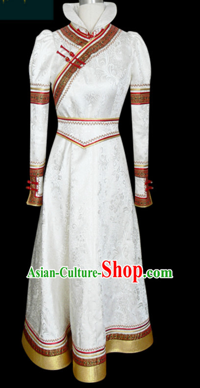 White Mongolian Minority Empress Mongol Mongolia Princess Clothing Ethnic Traditional Costumes Complete Set