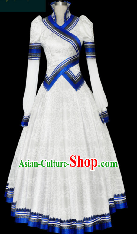 White Mongolian Minority Empress Mongol Mongolia Princess Clothing Ethnic Traditional Costumes Complete Set