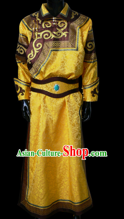 Chinese Yellow Mongolian Minority Emperor Mongol Long Robe Mongolia Prince Clothing Ethnic Traditional Costumes Complete Set