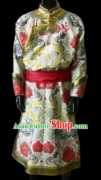 Chinese Yellow Mongolian Minority Emperor Mongol Long Robe Mongolia Prince Clothing Ethnic Traditional Costumes Complete Set