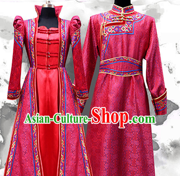 Top Mongolian Minority Ethnic Traditional Wedding Dresses and Hats 2 Complete Sets for Brides and Bridegrooms