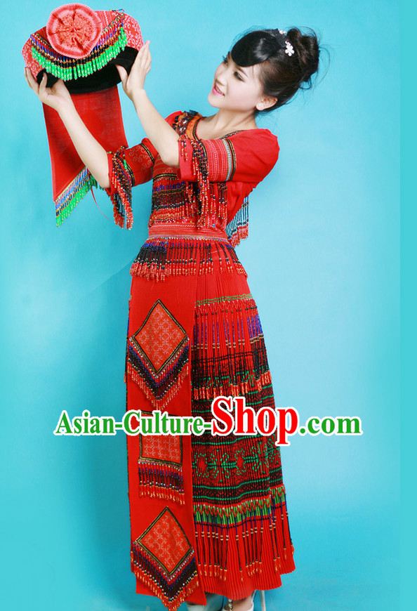 Hmong Women Minority Dresses Miao Girls Clothing Ethnic Miao Minority Dance Costume Minority Dress Dance Miao Costumes and Hat Complete Set