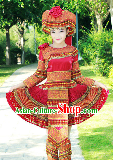 Hmong Women Minority Dresses Miao Girls Clothing Ethnic Miao Minority Dance Costume Minority Dress Dance Miao Costumes and Hat Complete Set