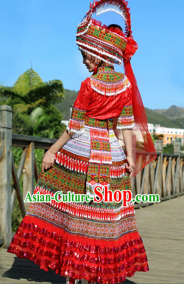 Hmong Women Minority Dresses Miao Girls Clothing Ethnic Miao Minority Dance Costume Minority Dress Dance Miao Costumes and Hat Complete Set