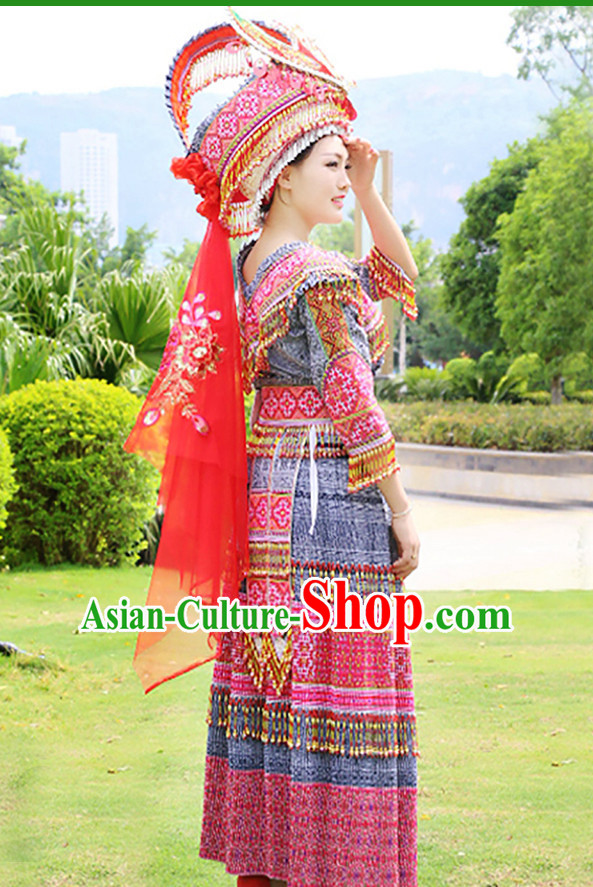 Hmong Women Minority Dresses Miao Girls Clothing Ethnic Miao Minority Dance Costume Minority Dress Dance Miao Costumes and Hat Complete Set