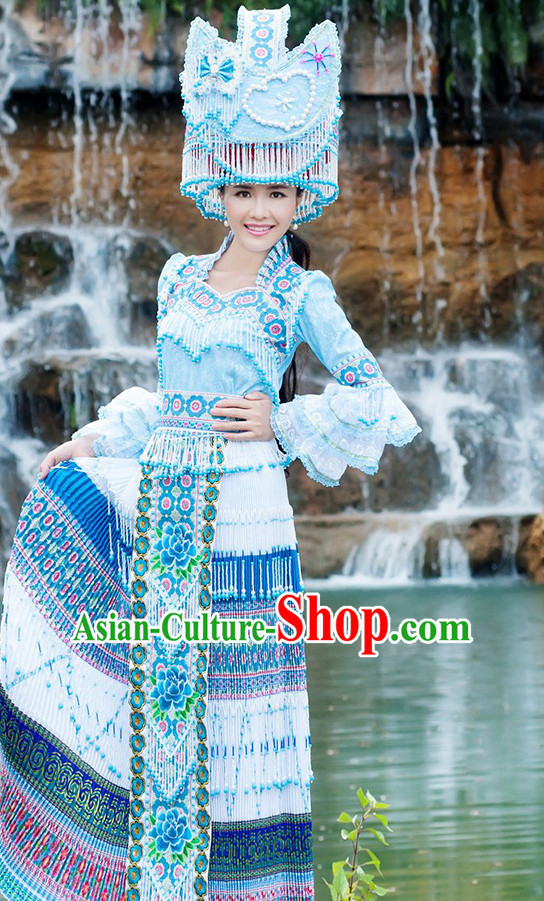 Hmong Women Minority Dresses Miao Girls Clothing Ethnic Miao Minority Dance Costume Minority Dress Dance Miao Costumes and Hat Complete Set