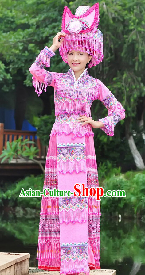 Hmong Women Minority Dresses Miao Girls Clothing Ethnic Miao Minority Dance Costume Minority Dress Dance Miao Costumes and Hat Complete Set