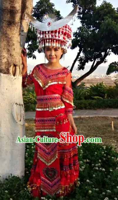 Hmong Women Minority Dresses Miao Girls Clothing Ethnic Miao Minority Dance Costume Minority Dress Dance Miao Costumes and Hat Complete Set