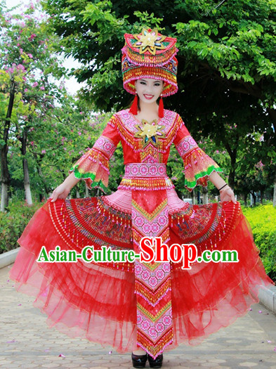 Hmong Women Minority Dresses Miao Girls Clothing Ethnic Miao Minority Dance Costume Minority Dress Dance Miao Costumes and Hat Complete Set