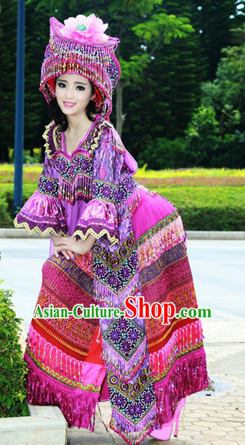 Hmong Women Minority Dresses Miao Girls Clothing Ethnic Miao Minority Dance Costume Minority Dress Dance Miao Costumes and Hat Complete Set