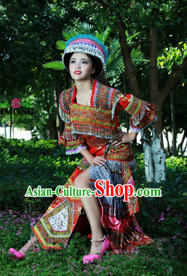 Hmong Women Minority Dresses Miao Girls Clothing Ethnic Miao Minority Dance Costume Minority Dress Dance Miao Costumes and Hat Complete Set