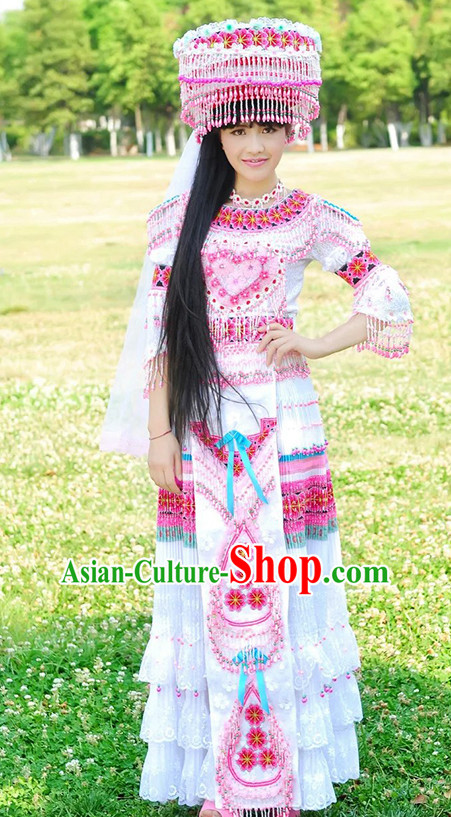 Hmong Women Minority Dresses Miao Girls Clothing Ethnic Miao Minority Dance Costume Minority Dress Dance Miao Costumes and Hat Complete Set