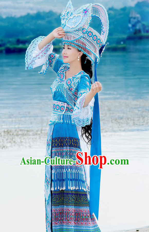 Hmong Women Minority Dresses Miao Girls Clothing Ethnic Miao Minority Dance Costume Minority Dress Dance Miao Costumes and Hat Complete Set