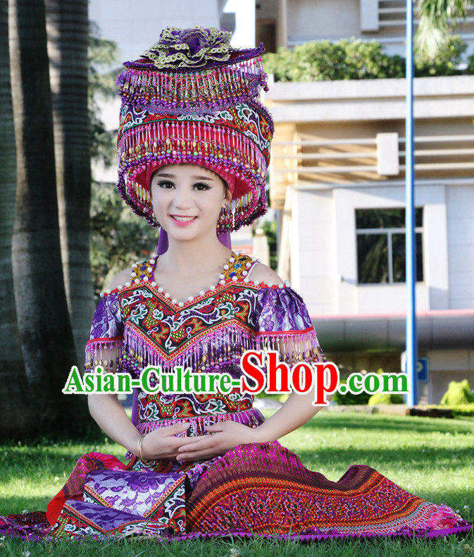 Hmong Women Minority Dresses Miao Girls Clothing Ethnic Miao Minority Dance Costume Minority Dress Dance Miao Costumes and Hat Complete Set