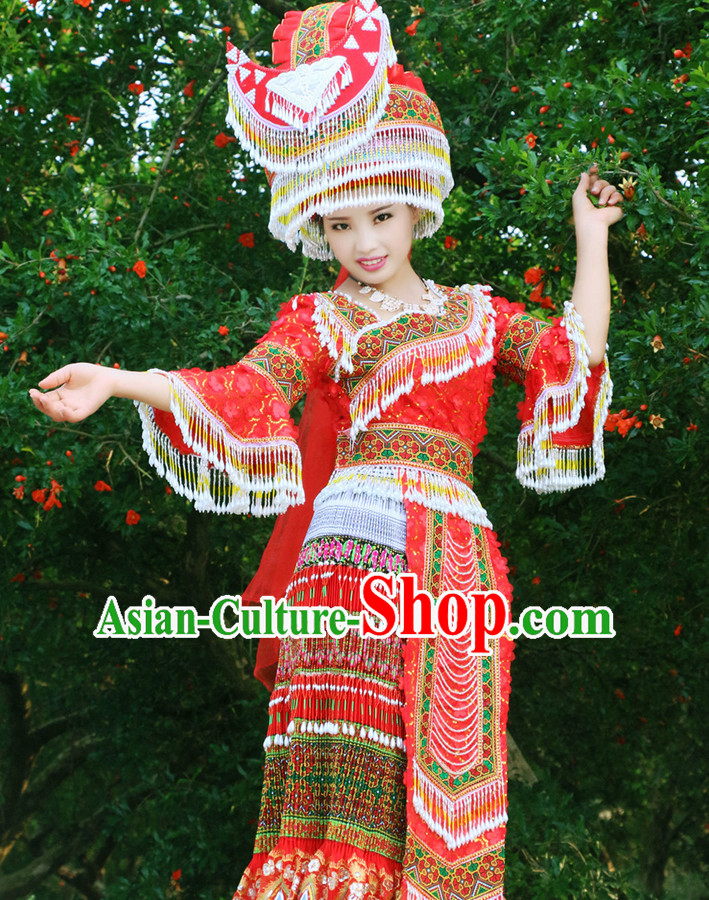 Hmong Women Minority Dresses Miao Girls Clothing Ethnic Miao Minority Dance Costume Minority Dress Dance Miao Costumes and Hat Complete Set