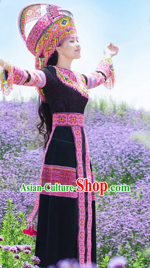 Hmong Women Minority Dresses Miao Girls Clothing Ethnic Miao Minority Dance Costume Minority Dress Dance Miao Costumes and Hat Complete Set