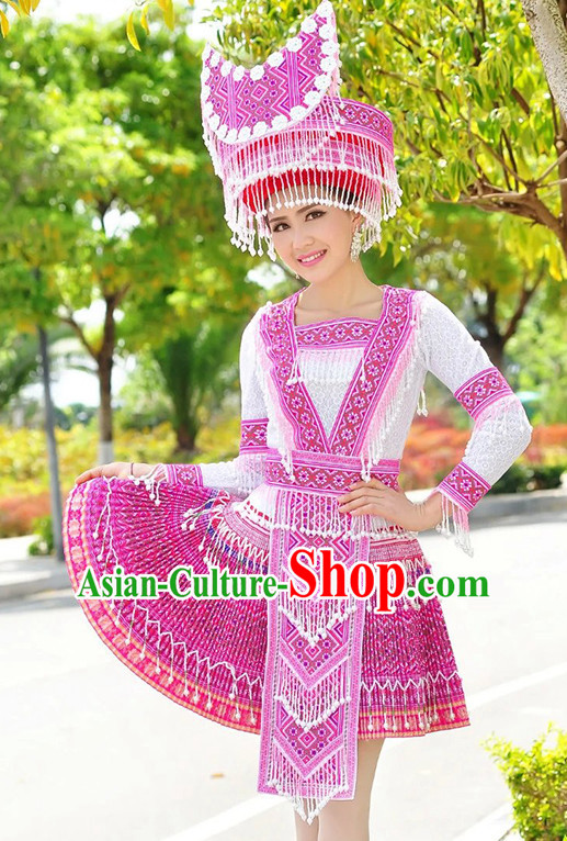 Hmong Women Minority Dresses Miao Girls Clothing Ethnic Miao Minority Dance Costume Minority Dress Dance Miao Costumes and Hat Complete Set