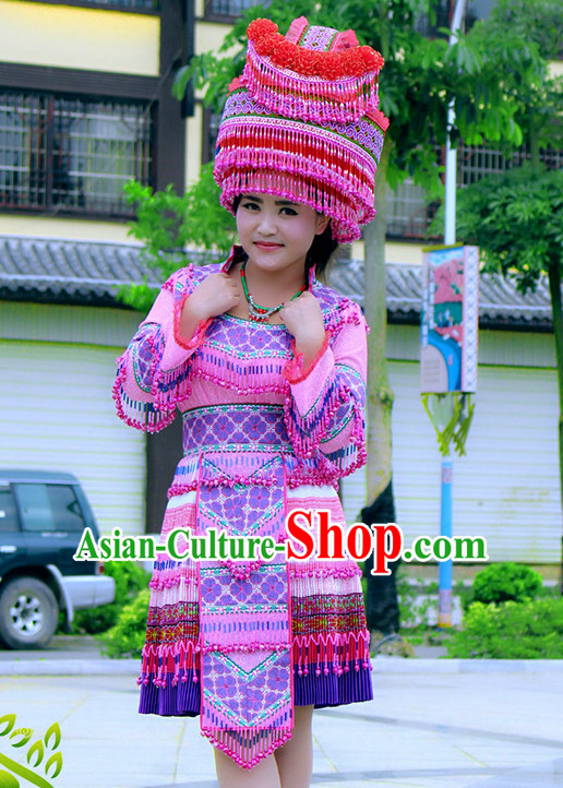 Hmong Women Minority Dresses Miao Girls Clothing Ethnic Miao Minority Dance Costume Minority Dress Dance Miao Costumes and Hat Complete Set