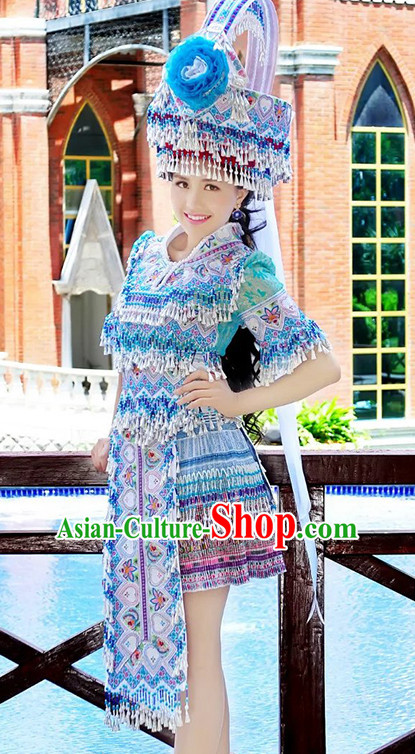 Hmong Women Minority Dresses Miao Girls Clothing Ethnic Miao Minority Dance Costume Minority Dress Dance Miao Costumes and Hat Complete Set