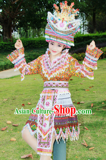 Hmong Women Minority Dresses Miao Girls Clothing Ethnic Miao Minority Dance Costume Minority Dress Dance Miao Costumes and Hat Complete Set