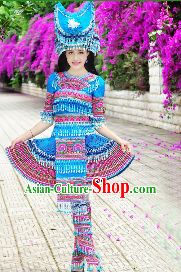 Hmong Women Minority Dresses Miao Girls Clothing Ethnic Miao Minority Dance Costume Minority Dress Dance Miao Costumes and Hat Complete Set