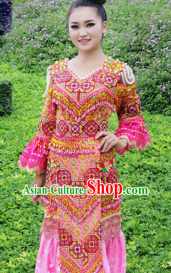 Hmong Women Minority Dresses Miao Girls Clothing Ethnic Miao Minority Dance Costume Minority Dress Dance Miao Costumes and Hat Complete Set