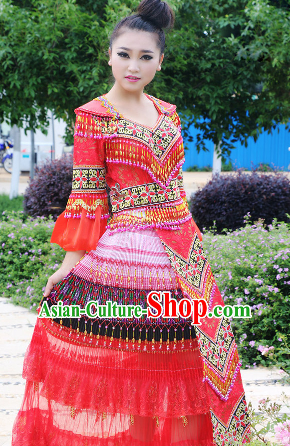 Hmong Women Minority Dresses Miao Girls Clothing Ethnic Miao Minority Dance Costume Minority Dress Dance Miao Costumes and Hat Complete Set