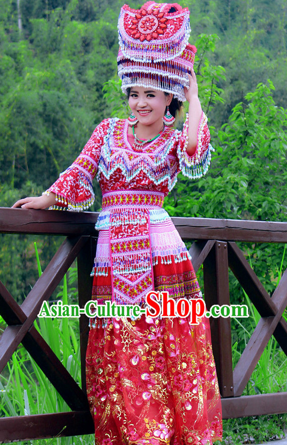 Hmong Women Minority Dresses Miao Girls Clothing Ethnic Miao Minority Dance Costume Minority Dress Dance Miao Costumes and Hat Complete Set