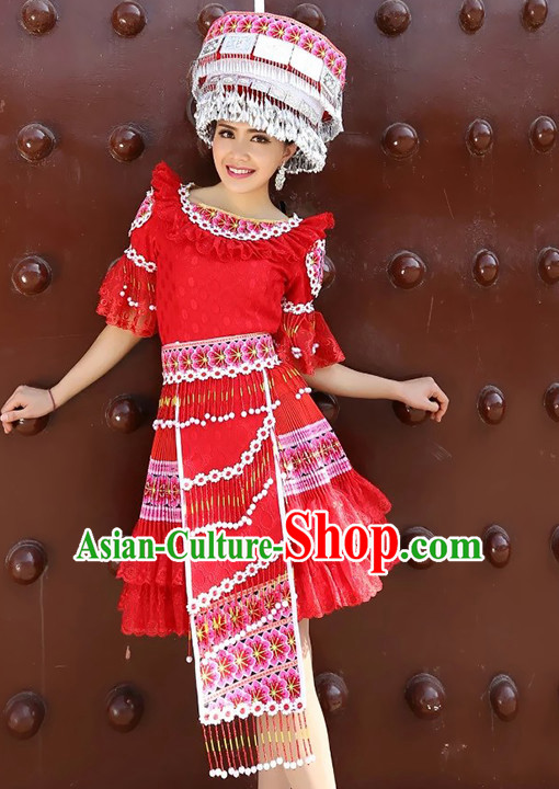 Hmong Women Minority Dresses Miao Girls Clothing Ethnic Miao Minority Dance Costume Minority Dress Dance Miao Costumes and Hat Complete Set