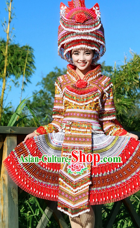 Hmong Women Minority Dresses Miao Girls Clothing Ethnic Miao Minority Dance Costume Minority Dress Dance Miao Costumes and Hat Complete Set