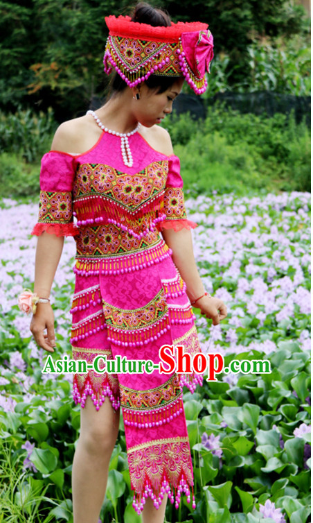 Hmong Women Minority Dresses Miao Girls Clothing Ethnic Miao Minority Dance Costume Minority Dress Dance Miao Costumes and Hat Complete Set