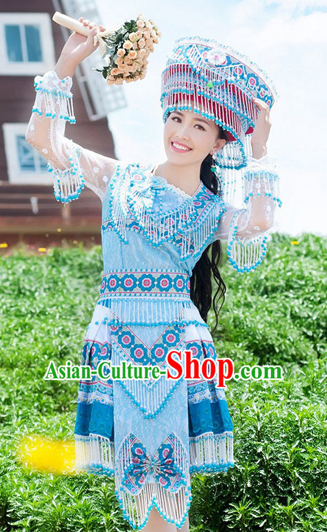 Hmong Women Minority Dresses Miao Girls Clothing Ethnic Miao Minority Dance Costume Minority Dress Dance Miao Costumes and Hat Complete Set