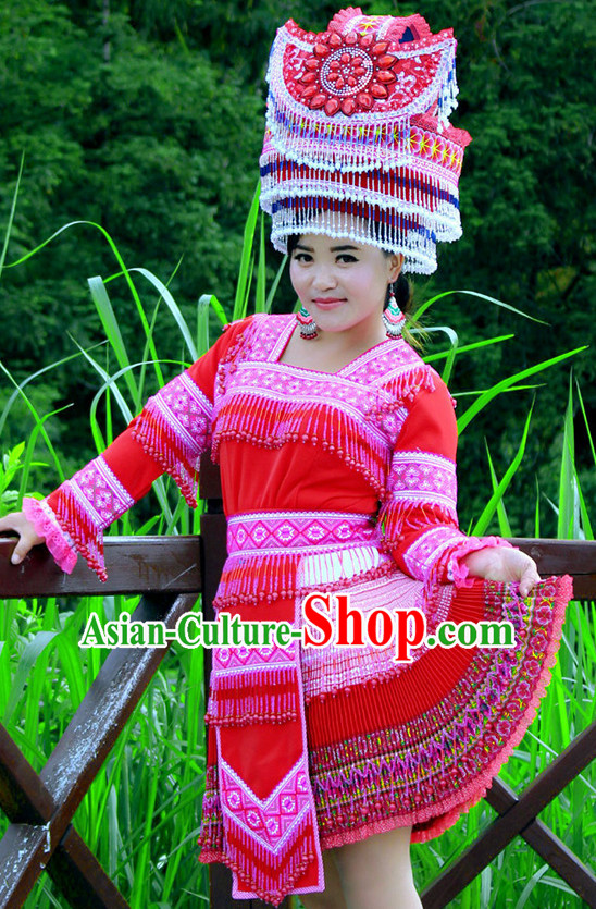 Hmong Women Minority Dresses Miao Girls Clothing Ethnic Miao Minority Dance Costume Minority Dress Dance Miao Costumes and Hat Complete Set